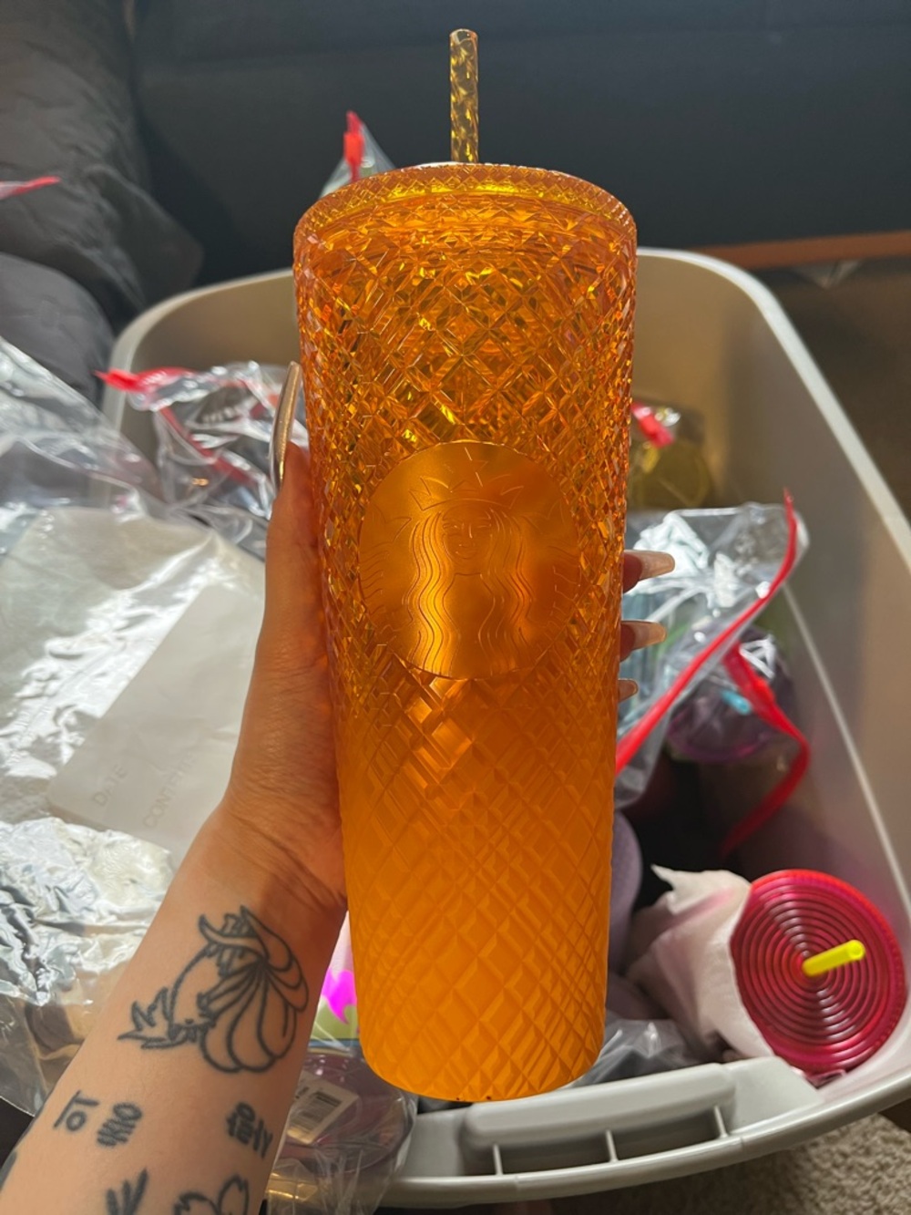 Starbucks Orange Textured Acrylic Cold Cup with Straw